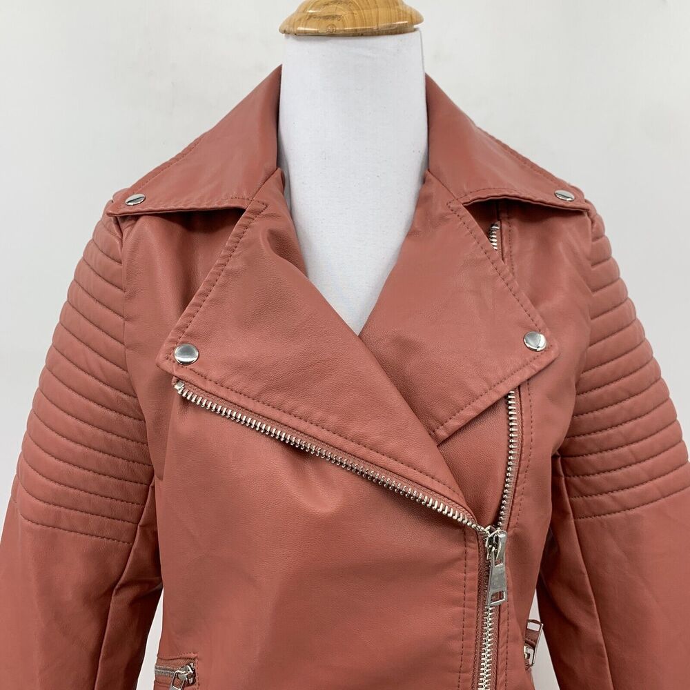Love Tree Jacket Womens S Small Muave Faux Leather Moto Belted Size Zip Ribbed - Picture 3 of 12